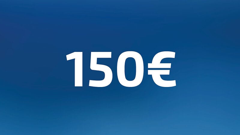 150 Euro Wertgutschein- Zahl steht auf blauem Hintergrund
