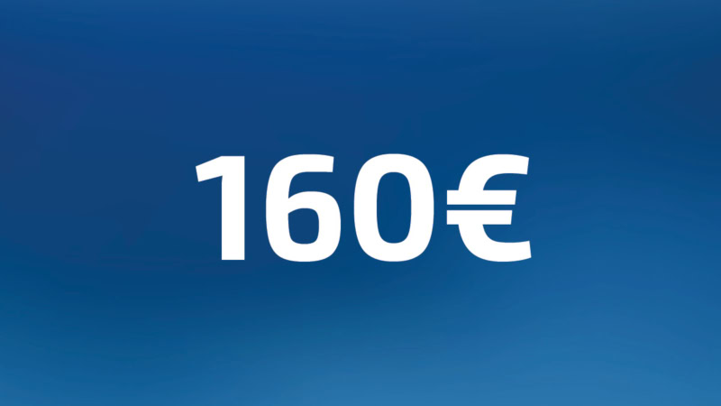 160 Euro Wertgutschein- Zahl steht auf blauem Hintergrund