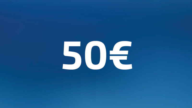 50 Euro Wertgutschein- Zahl steht auf blauem Hintergrund
