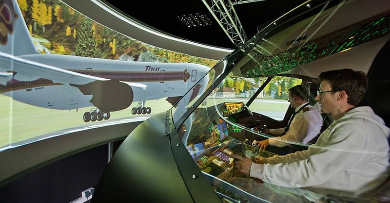 Blick auf den Boing Flugsimulator mit zwei Hobbypiloten im Cockpit.