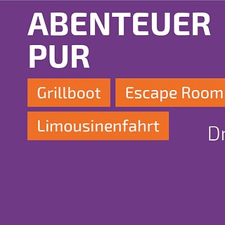 Lila Grafik mit Überschrift „Abenteuer Pur“ und orangenen Feldern für Grillboot, Escape Room und Limousinenfahrt.
