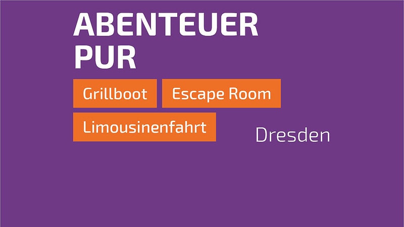 Lila Grafik mit Überschrift „Abenteuer Pur“ und orangenen Feldern für Grillboot, Escape Room und Limousinenfahrt.