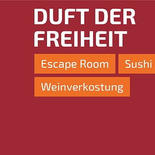 Rote Grafik mit Überschrift „Duft der Freiheit“ und orangenen Feldern für Escape Room, Sushi Menü und Weinverkostung in Berlin.