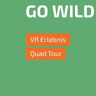 Hellgrüne Grafik mit Überschrift „Go Wild“ und orangenen Feldern für VR Erlebnis und Quad Tour.
