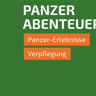 Grüne Grafik mit Überschrift „Panzer Abenteuer“ und orangenen Feldern für Panzer Erlebnisse mit Verpflegung.