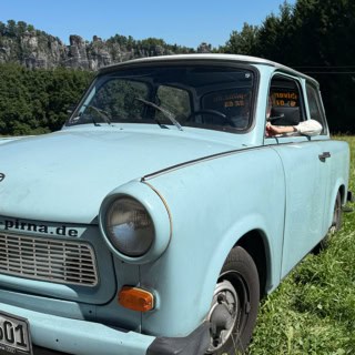 Blauer Trabant aus DDR-Zeiten steht allein auf einer grünen Wiese vor steilen Sandsteinfelsen im Sonnenschein.
