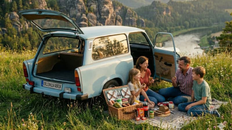 Eine Familie mit dem Trabi in der Sächsischen Schweiz beim Picknick