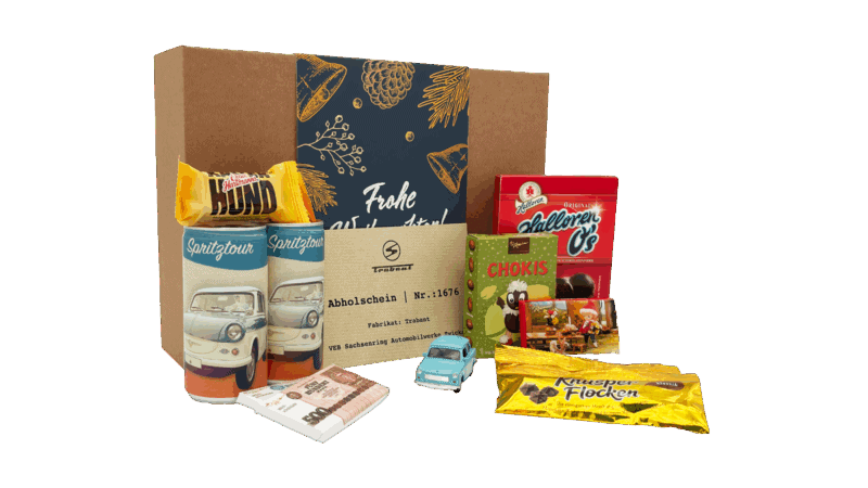 Geschenkbox für DDR Erlebnisse mit Aufschrift Frohe Weihnachten