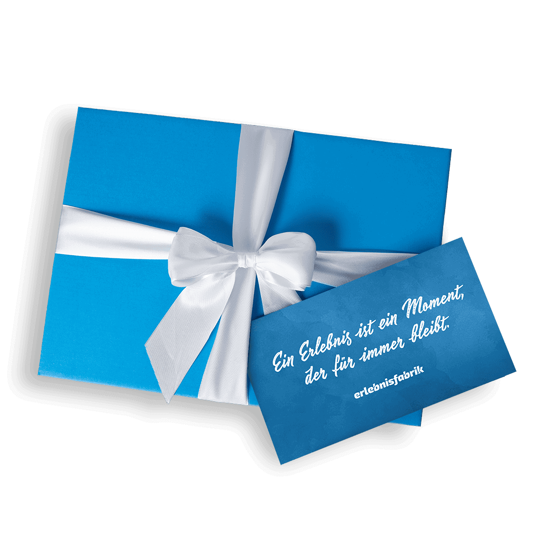 Eine blaue Geschenkbox mit einem Erlebnisgutschein der Erlebnisfabrik.
