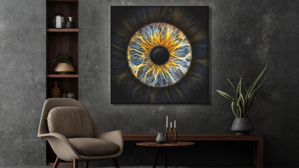 Ein Bild von einer Iris hängt an der Wand im Wohnzimmer