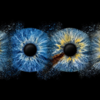 Augen in Nahaufnahme, kreative Bildkomposition mit vier blauen und gelben Iris-Designs.