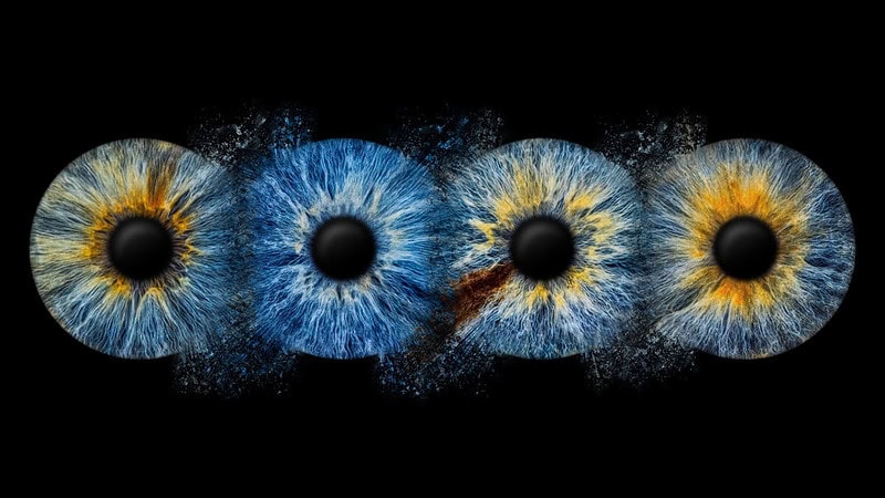 Augen in Nahaufnahme, kreative Bildkomposition mit vier blauen und gelben Iris-Designs.