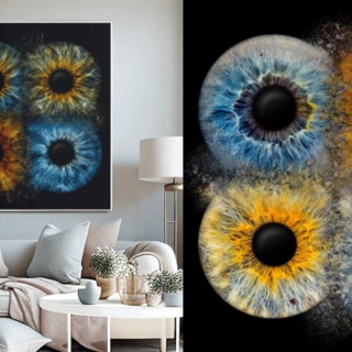Farbenfrohe Kunstdrucke von Iriden in Blau, Orange und Gelb, moderne Wanddekoration für Wohnzimmer.