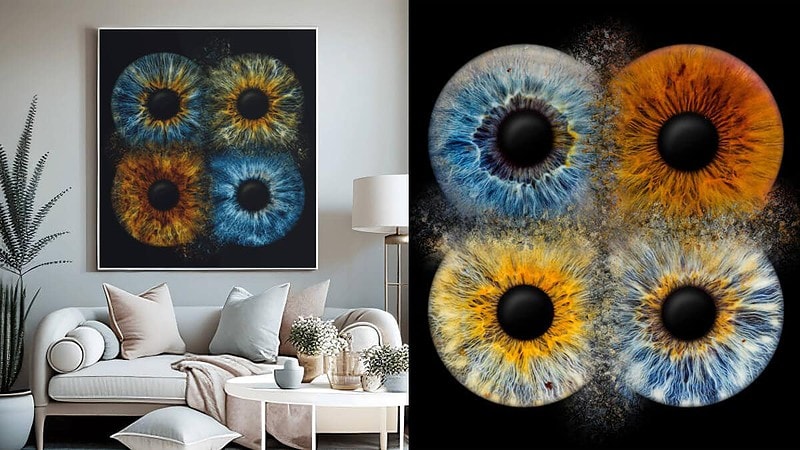 Farbenfrohe Kunstdrucke von Iriden in Blau, Orange und Gelb, moderne Wanddekoration für Wohnzimmer.