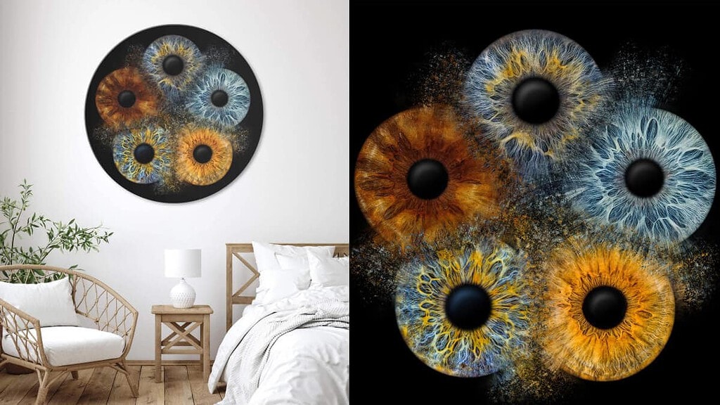 Farbige abstrakte Wandkunst mit fünf Iriden für moderne Raumdekoration.