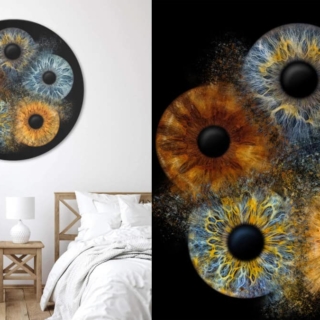 Farbige abstrakte Wandkunst mit fünf Iriden für moderne Raumdekoration.