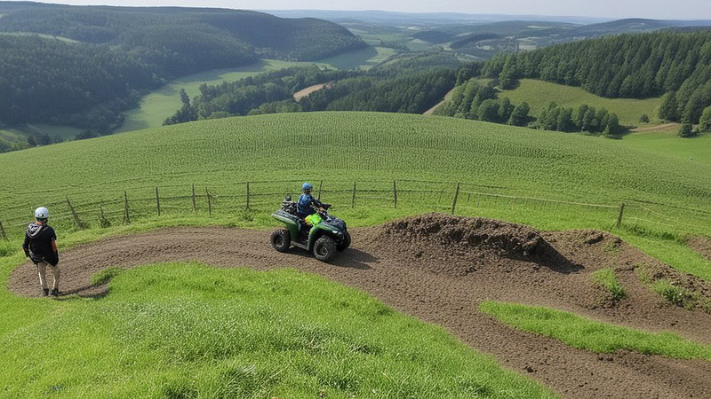 Abenteuerliche Quad Fahrt auf einer grünen, hügeligen Landschaft. - Quad Offroad Tour im Sauerland.
