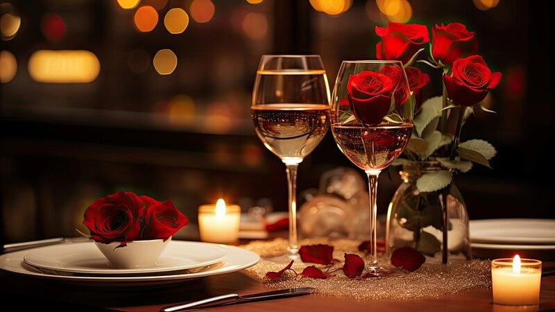 Ein romantisch gedeckter Tisch in einem Restaurant mit roten Rosen, Kerzenlicht und Sekt. - Candle Light Dinner.