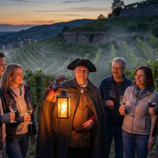 Personen sind bei der Nachtwächter Tour in Radebeul zu sehen.