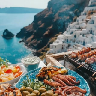 Mediterrane Gerichte werden mit Blick auf die griechische Landschaft gegrillt.