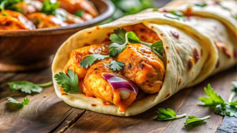 Chicken Roll Wrap auf einem Schneidebrett.