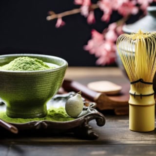 Eine Schale mit Matcha-Puder und einem Schneebesen.