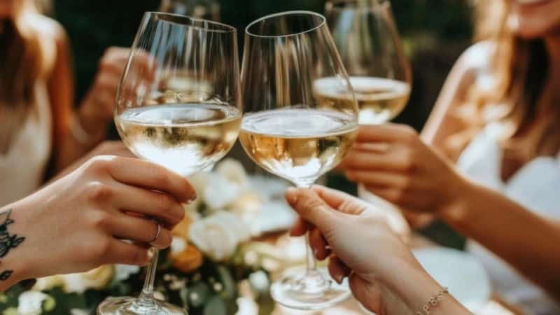 Drei Freunde beim anstoßen mit Weißwein