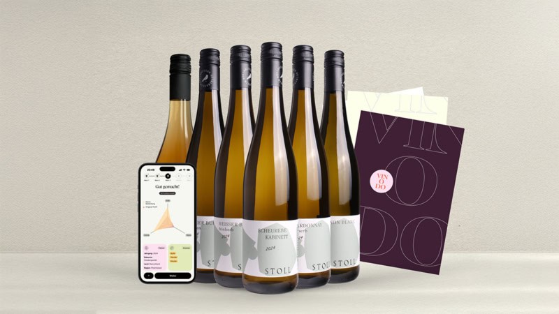 Sechs verschiede Weinflaschen mit App und Infoblatt - Weinprobe.