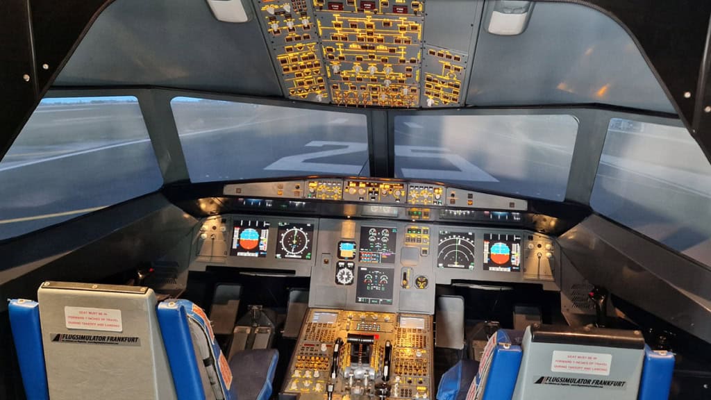 Cockpit des Flugzeugsimulators in Frankfurt.