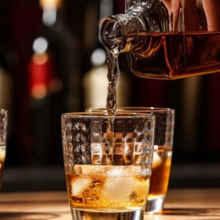 Rum wird aus einer Flasche in ein Glas gefüllt. Zwei volle Gläser mit Rum und Eiswürfeln stehen daneben.
