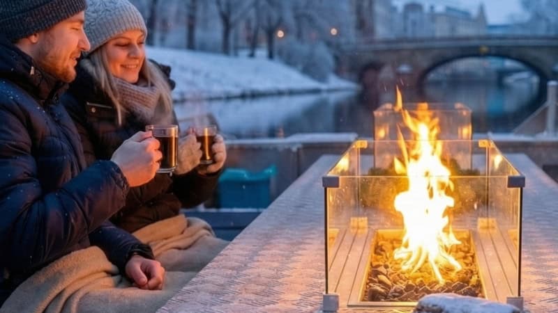 Zwei Personen auf der Kaminfahrt mit Glühwein in der Hand im Winter in Leipzig