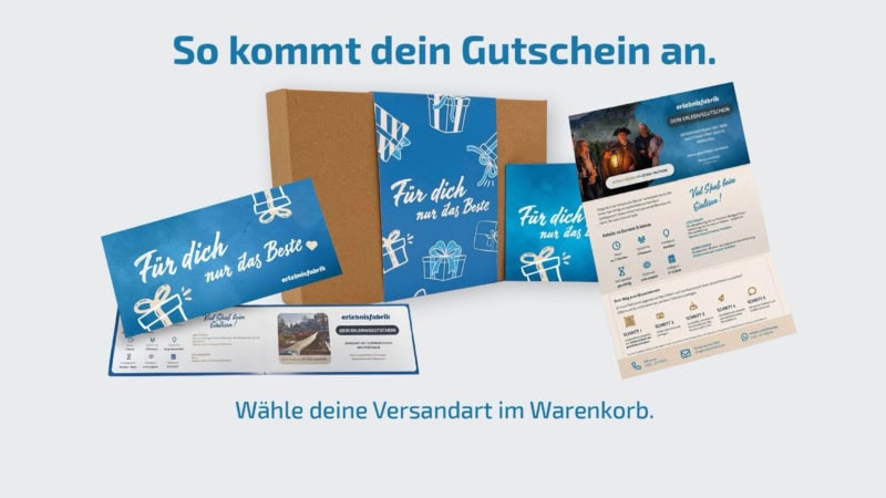 Gutscheinvarianten der Erlebnisfabrik. Erlebnisgutschein, mit Geschenkbox oder als PDF-Gutschein.