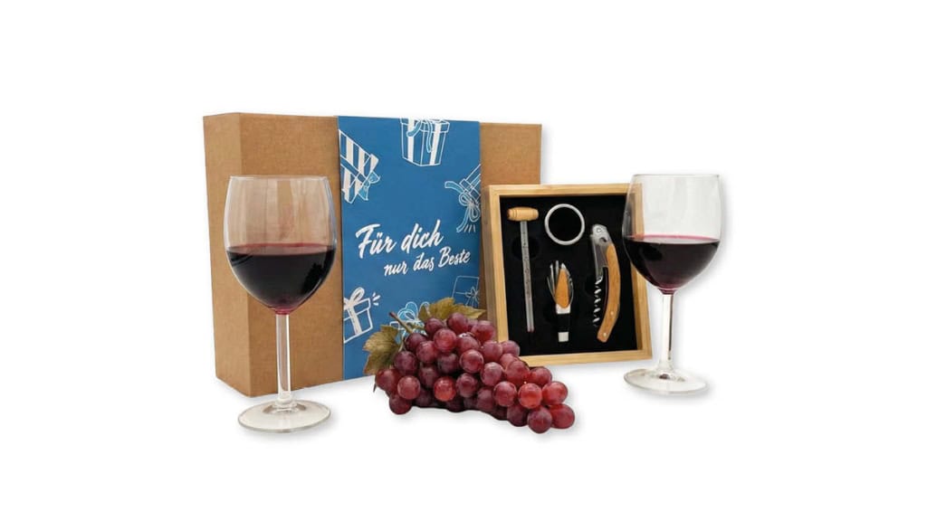 EF-Geschenkbox-Wein Geschenkbox der Erlebnisfabrik zu Weinerlebnissen mit blauer Banderole