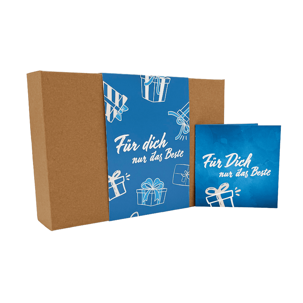 Geschenkbox-Glückwunschkarte-blau Geschenkbox mit blauer Banderole mit dem Aufdruck: Für dich nur das Beste