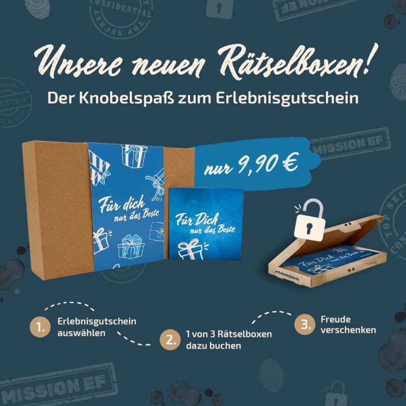 Blaue Banderolle mit der Aufschrift: Für dich nur das Beste - Rätselbox der Erlebnisfabrik.