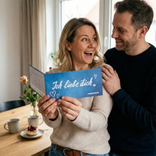 Der Mann har seiner Freundin einen Erlebnisgutschein übergeben zum Valentinstag und sie freut sich.