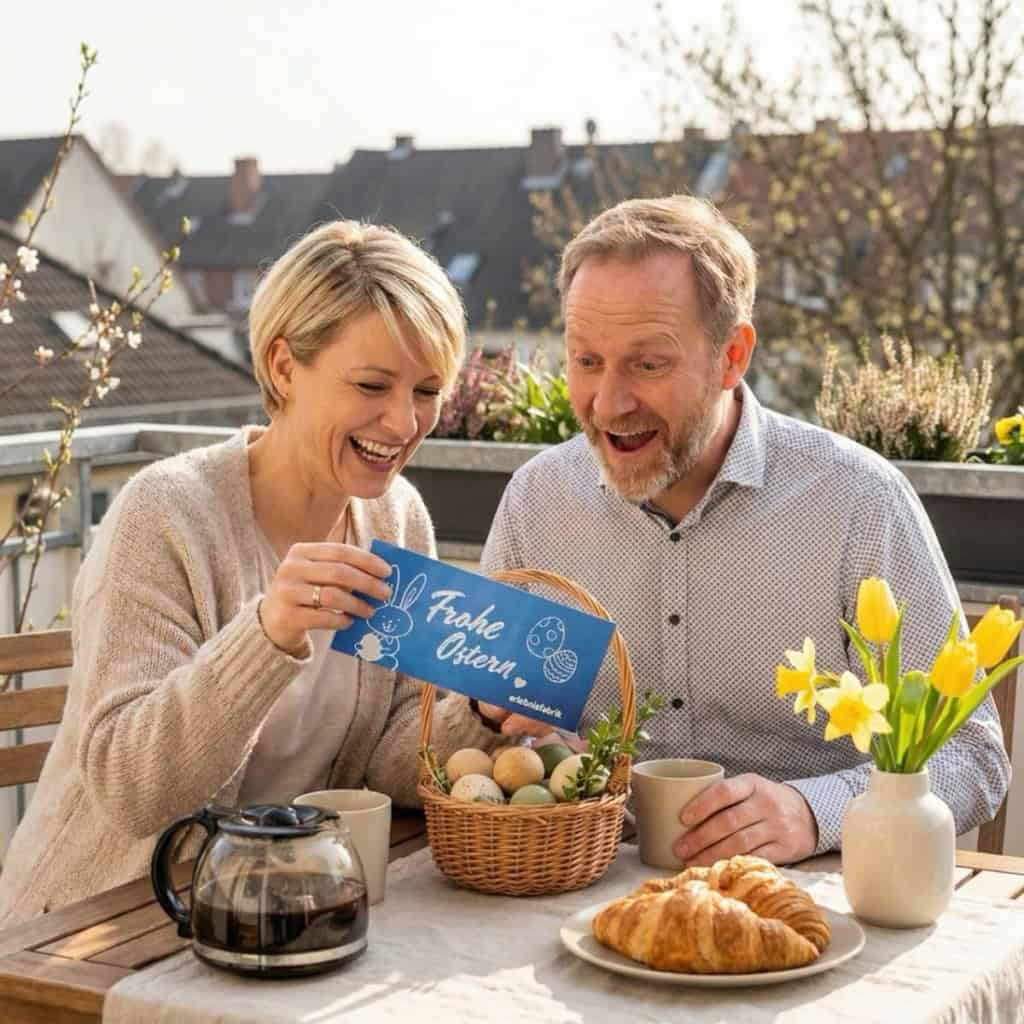 Bei einem Osterfrühstück überreicht eine Frau ihrem Mann einen Erlebnisgutschein der Erlebnisfabrik.