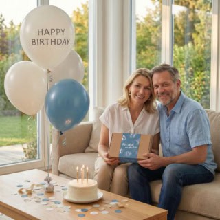Paar feiert Geburtstag in einen Geschmückten Wohnzimmer, sie halten gemeinsam eine Geschenkbox der Erlebnisfabrik in der Hand und freuen sich.
