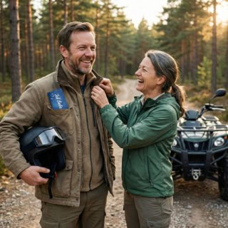 Ein Mann und eine Frau stehen im Wald, im Hintergrund ein Quad. Der Mann hat einen Gutschein für die Quad Tour in der Brusttasche. Beide freuen sich auf die Fahrt mit den Quads.